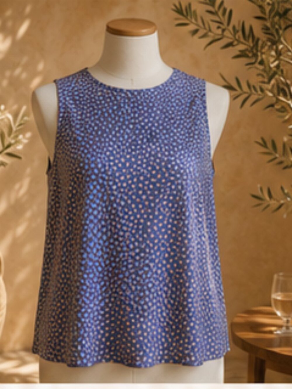 Vintage Silk Polka Dots Blue/Yellow Sleeveless Top 10 European Vibe Due per Due